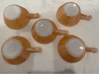 Vintage Peach Luster Beehive Fire King Set Of 5 Ovenware Soup Bowls With Handles