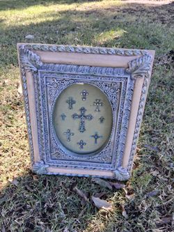 Belinda Miley 2004 Framed Religious Cross Shadow Box with Jewels On Each Piece. Measures 9-1/4" x 11-1/2"....asking $30.00