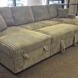 Grey Corduroy Storage Double Chaise Sectional With Bed