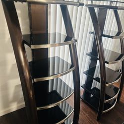 sleek glass and real wood shelf unit