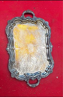 Large Silver Metal Serving Tray with Handles, Rectangle Floral Victorian Antique