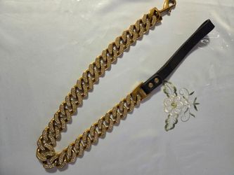 Gold Cuban Link Crystal Dog Collar with Leather Handle