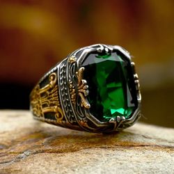 Men's Handmade Green Emerald Topaz Turkish Two Tone Ring - Size 11