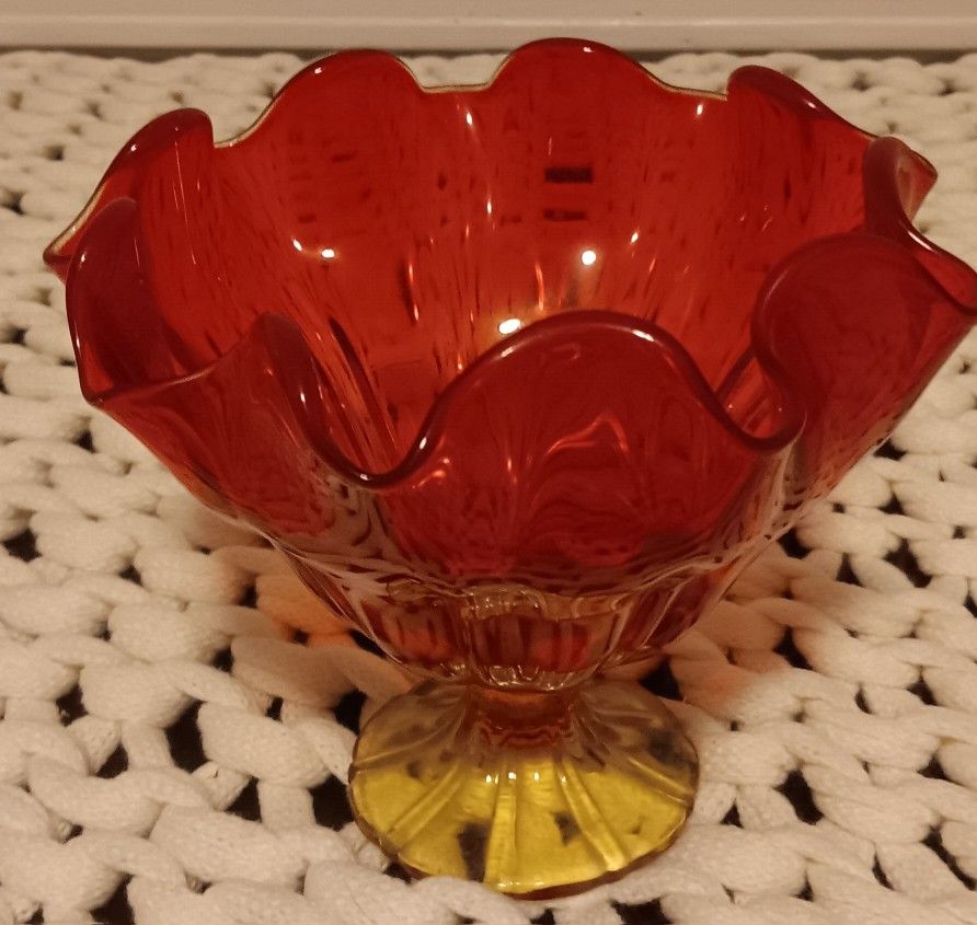 Vintage L.E. Smith Simplicity Amberina Orange Yellow Ruffle Edge Compote or Vase

