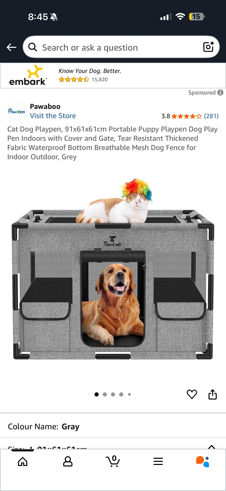 Cat Dog Playpen, 91x61x61cm Portable Puppy Playpen Dog Play Pen Indoors with Cover and Gate, Tear Resistant Thickened Fabric Waterproof Bottom Breatha