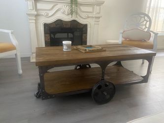 Rustic Industrial Factory Cart Coffee Table - Solid Wood with Iron Wheels