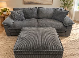 Gray Corduroy Sofa with Ottoman