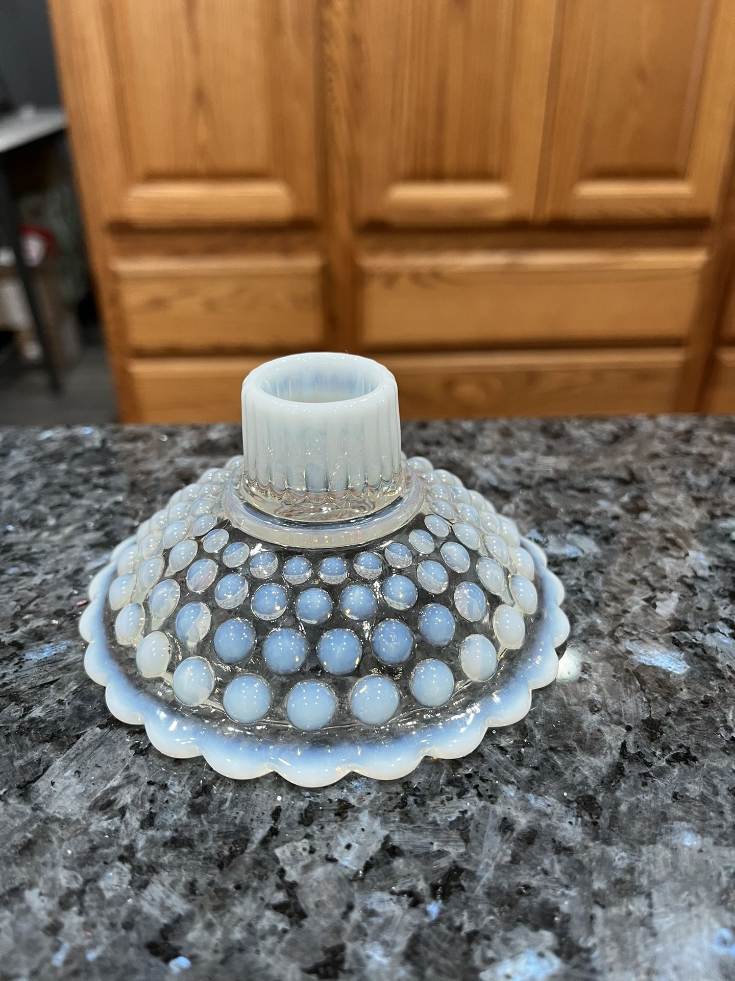 Vintage 1950’s French Opalescent Moonstone Glass Hobnail Candle Holder. Only 1 available. Preowned has been on display in a curio cabinet.