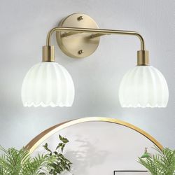 Light Gold Brass Bathroom Light Fixture,Wall Sconces,Brushed Gold Vanlity Light Over Mirror,Bathroom Vanity Light with Milk White Glass Flower Shade,E