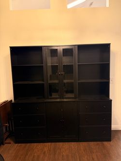 Black Wood Wall Unit with Shelves and Drawers