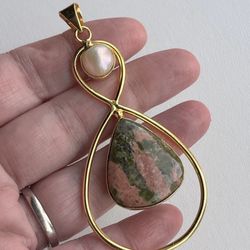 Natural Pearl & Unakite Gold Plated over Silver 2.5” Charm Pendant