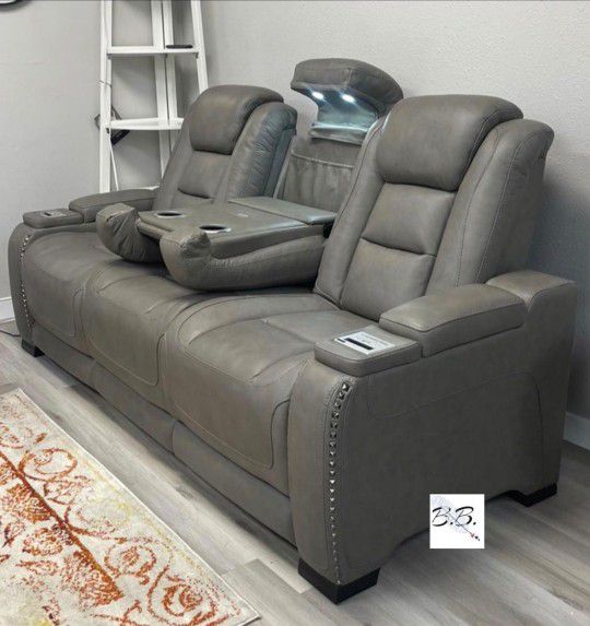 Brand New Game Room 💥 Genuine Leather Gray Power Reclining Sofa Couch With Adjustable Headrest, Cup Holders, LED Lights| Brown, White, Black Options|
