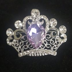 Crown Silver Brooch With Purple Crystal 