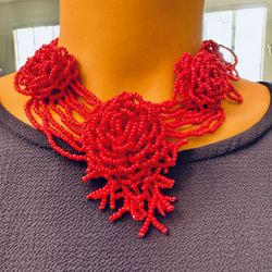 African Tribal Style Multi-strand Red Seed Glass Beads Collar Necklace 16”