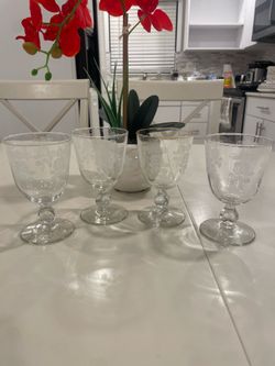 Set of 4 Vintage Etched Floral Glass Goblets