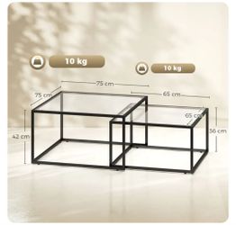 2-Piece Square Nesting Coffee Tables with Tempered Glass Tops & Metal Frame, Space-Saving Black — Large: 29.5 x 29.5 x 16.5 in; Small: 25.6 x 25.6 x 1
