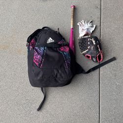 Girls Adidas Bag With Bat, Glove , And batting Gloves