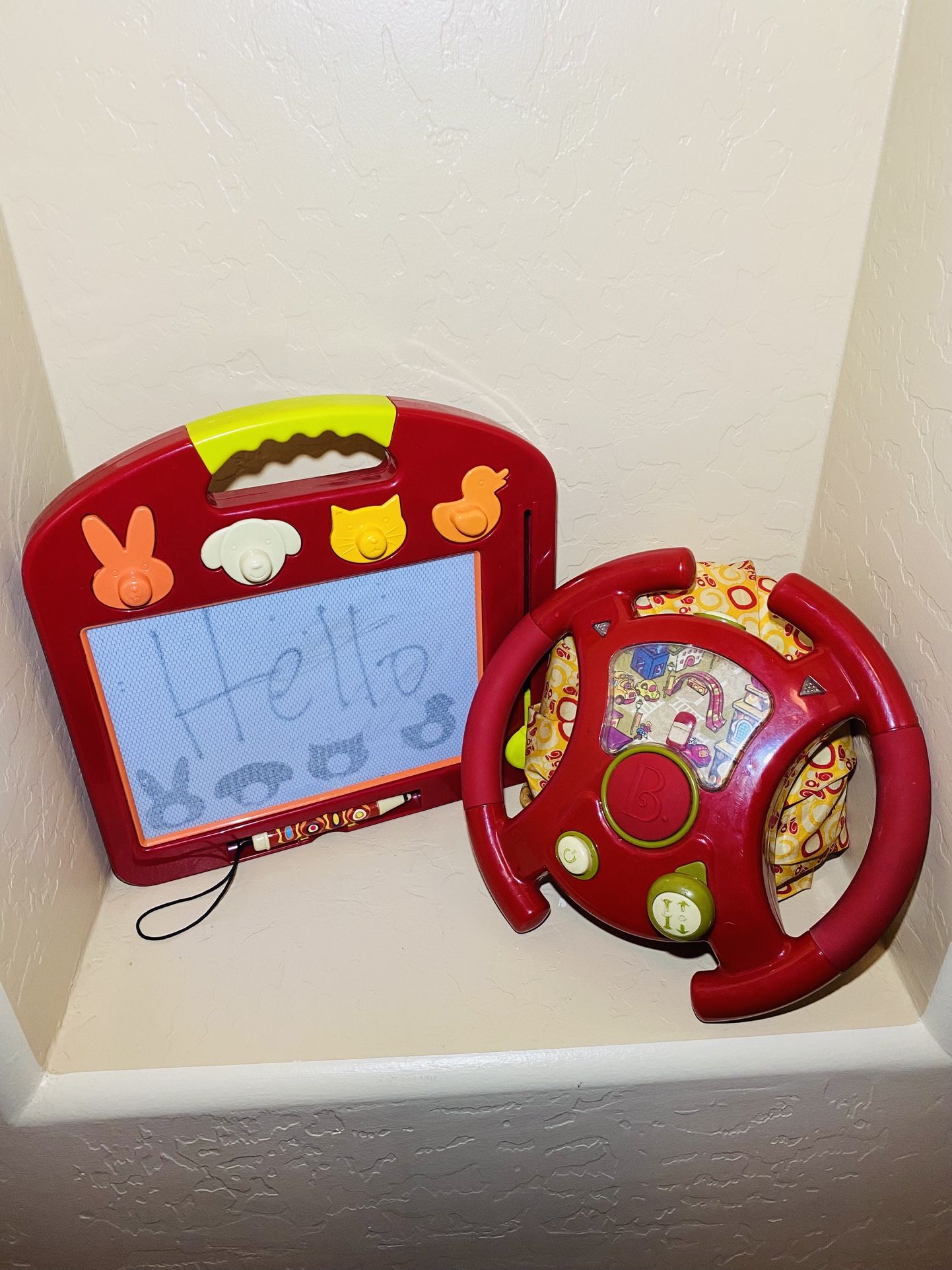 B. Toys Bundle: Ride-On Bumblebee Bouncer, Steering Wheel & Magnetic Drawing Board