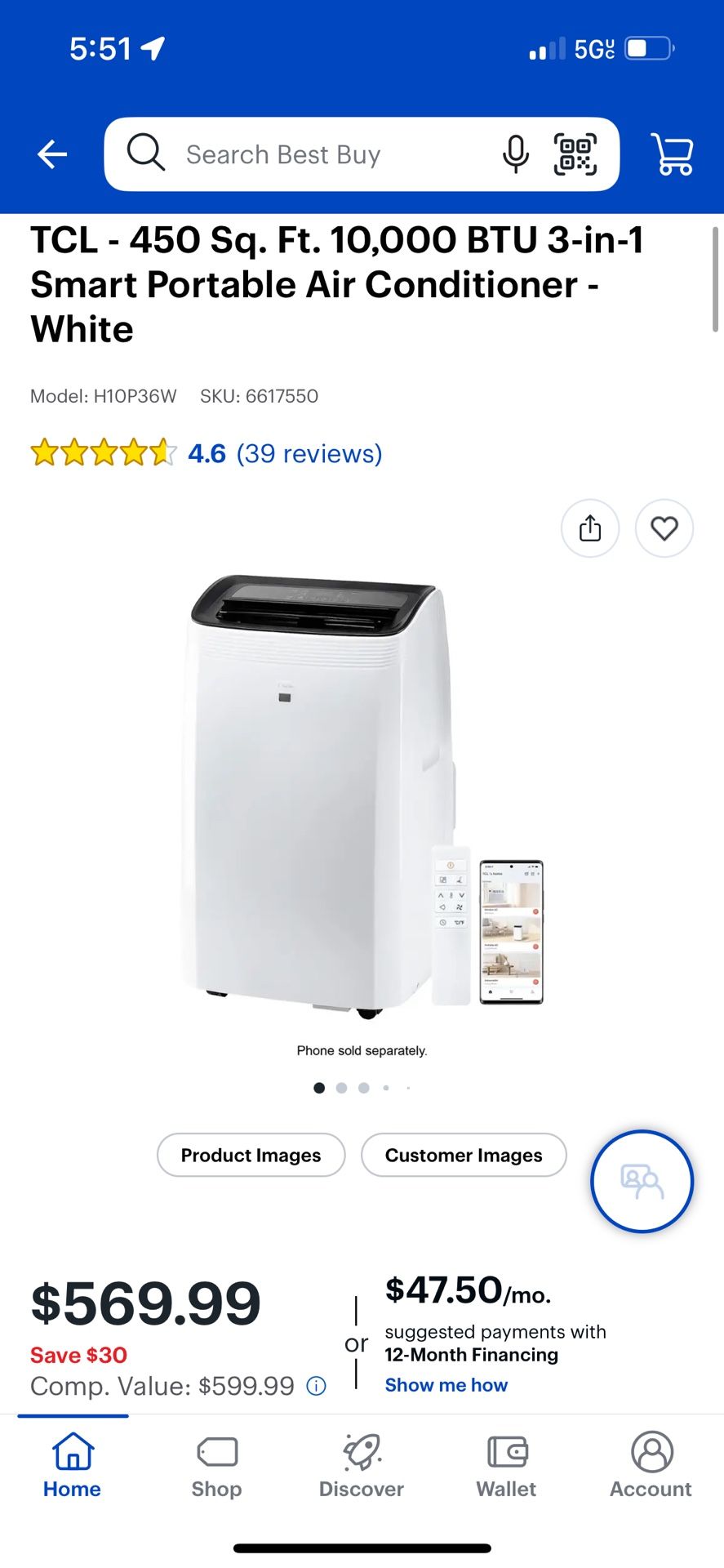 TCL - 450 Sq. Ft. 10,000 BTU 3-in-1 Smart Portable Air Conditioner - White