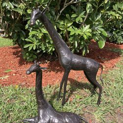 2 Bronze Giraffe Statues.  Possibly Vintage Theodore Alexander Or Maitland Smith But Not Signed.  26” & 15”.  Mother Or Father & Baby. Both For $350!