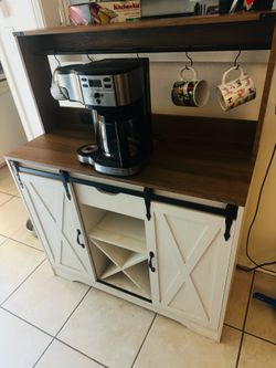 White Farmhouse Coffee Bar Cabinet with Charging Station