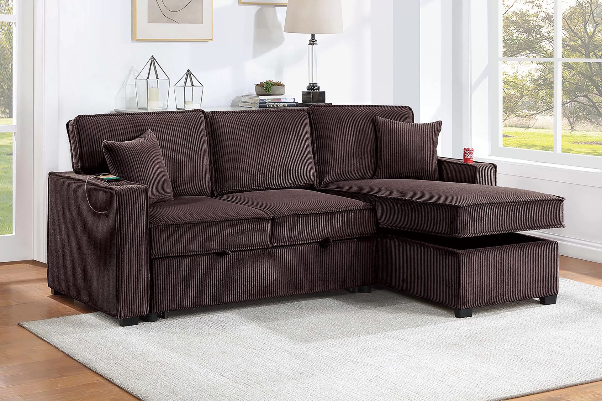 Brown Sofa Sectional w/ Pull- Out Sleeper & Storage In Chaise