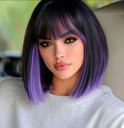 12' Black Bob Wig With Purple Highlights 💟