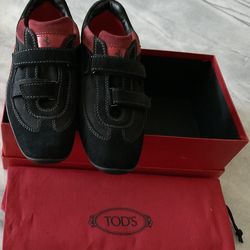 Tod's Ferrari Black/Red Suede and Fabric Velcro Strap Sneaker