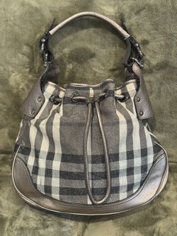 Burberry Metallic/Grey Beat Check Canvas and Leather Drawstring Hobo bag