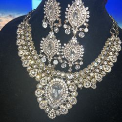 Crystal And Gold Tone Statement Necklace And Statement Earrings 