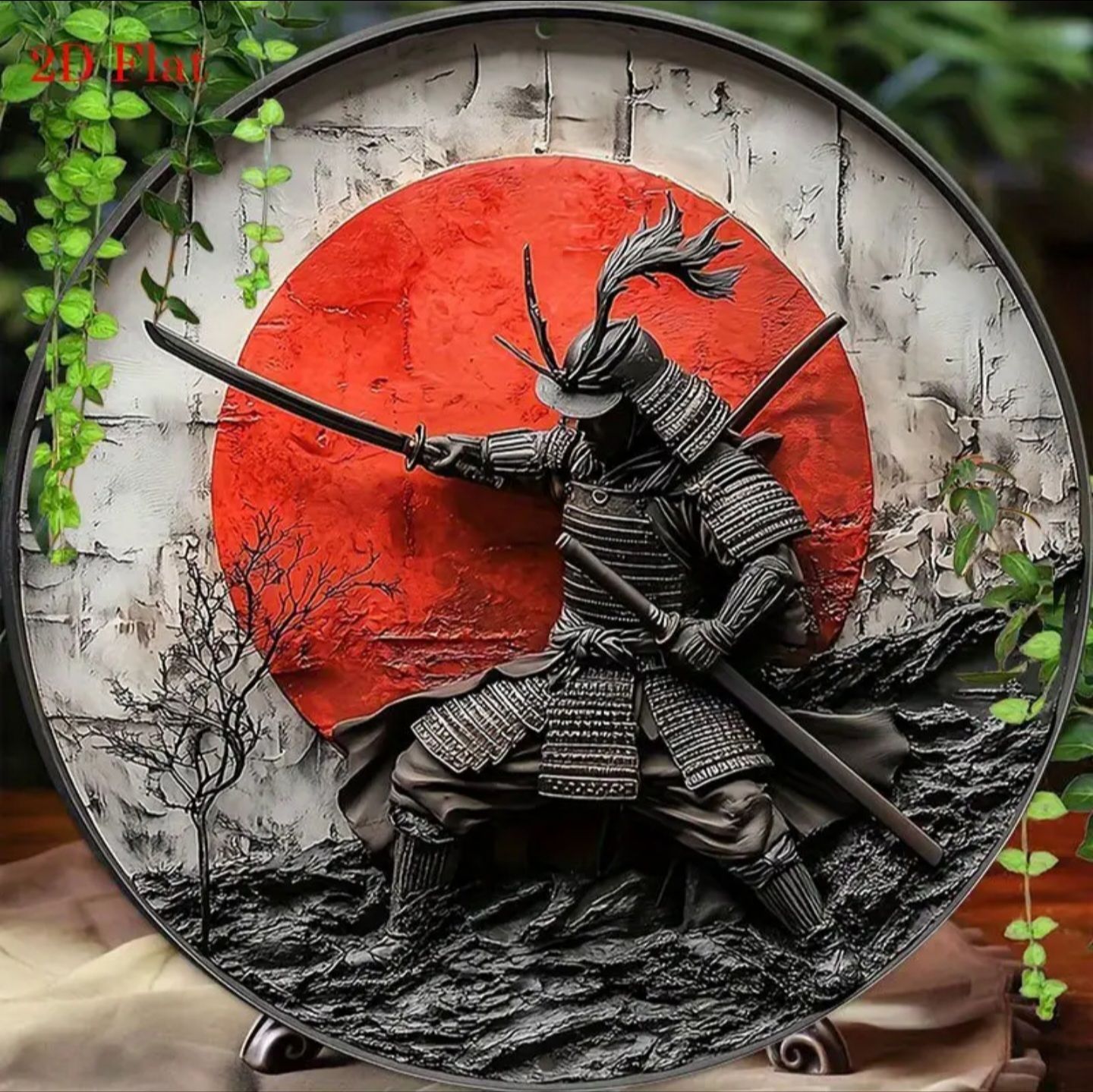Crimson Sun Warrior — Round Aluminum Samurai Wall Art