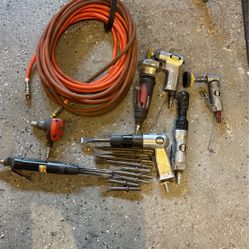 Air Tools Lot- Air Hammer W Lots Of Punches, Scabbler, Cut Off Tool, 1/2” Ratchet, Pneumatic Polisher, Angle Grinder, Palm Nailer And 50 Air Hose. 
