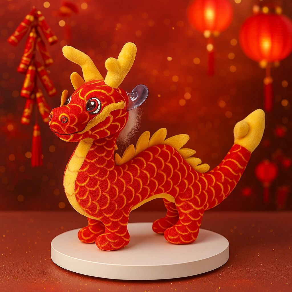 Chinese New Year 2024 Plush Dragon Red Gold Suction Cup Window Toy, 9”