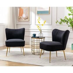 Set Of 2 - Black Velvet Armless Accent Chairs w/ Gold Trim [NEW IN BOX]  [CHAIRS ONLY / TABLE NOT INCLUDED]  (4 Avail.) 