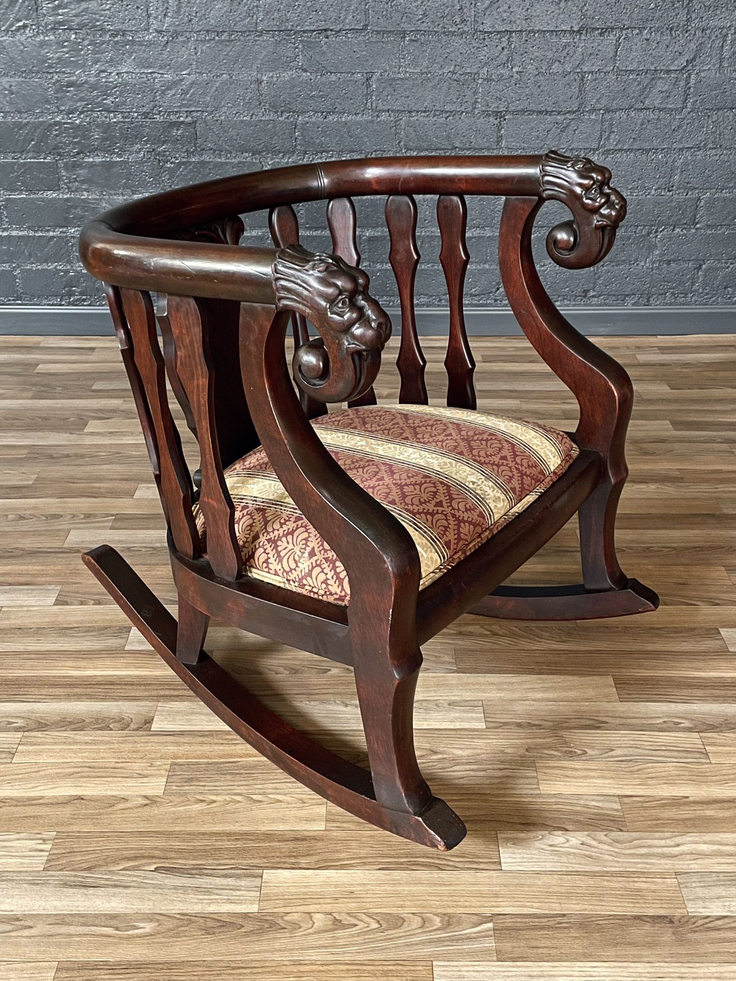 Antique Victorian Renaissance Revival Barrel-Back Rocking Chair w/ Carved Lion Heads, c.1920’s - Delivery Available
