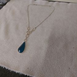 Silver Tone Blue Teardrop Dangle Pendant Necklace