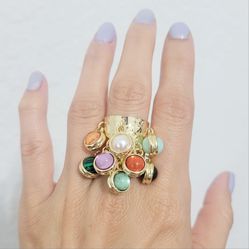 Gold multicolored beads womens chunky cuff ring band gift
