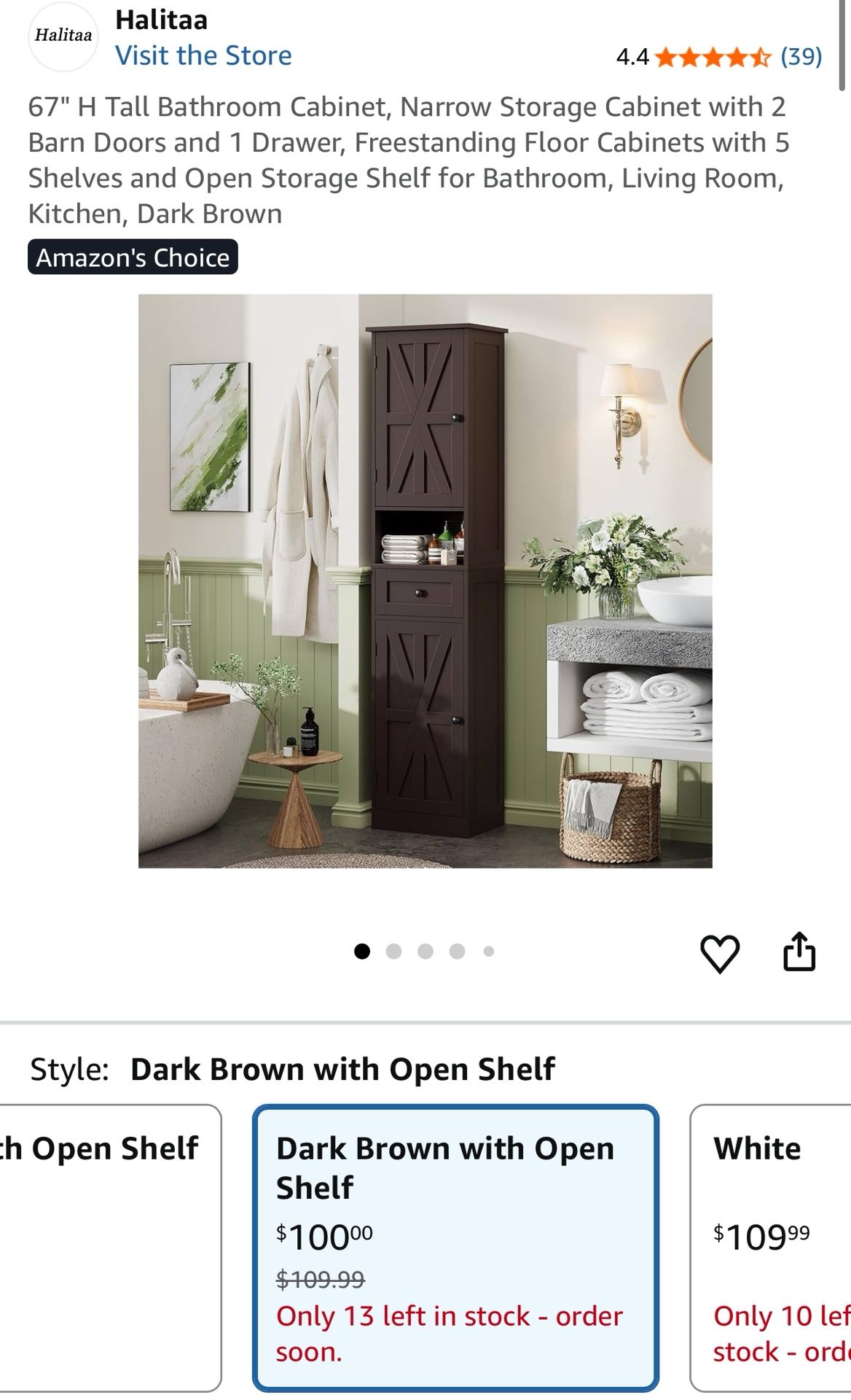 67" H Tall Bathroom Cabinet, Narrow Storage Cabinet with 2 Barn Doors and 1 Drawer, Freestanding Floor Cabinets with 5 Shelves and Open Storage Shelf 