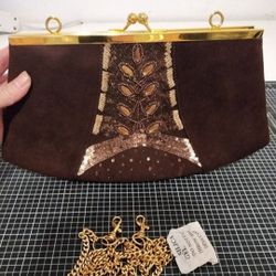 J. Renee Brown Beaded LeatherClutch Purse BNWOT 