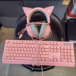 Pink Computer Keyboard And Headphones 