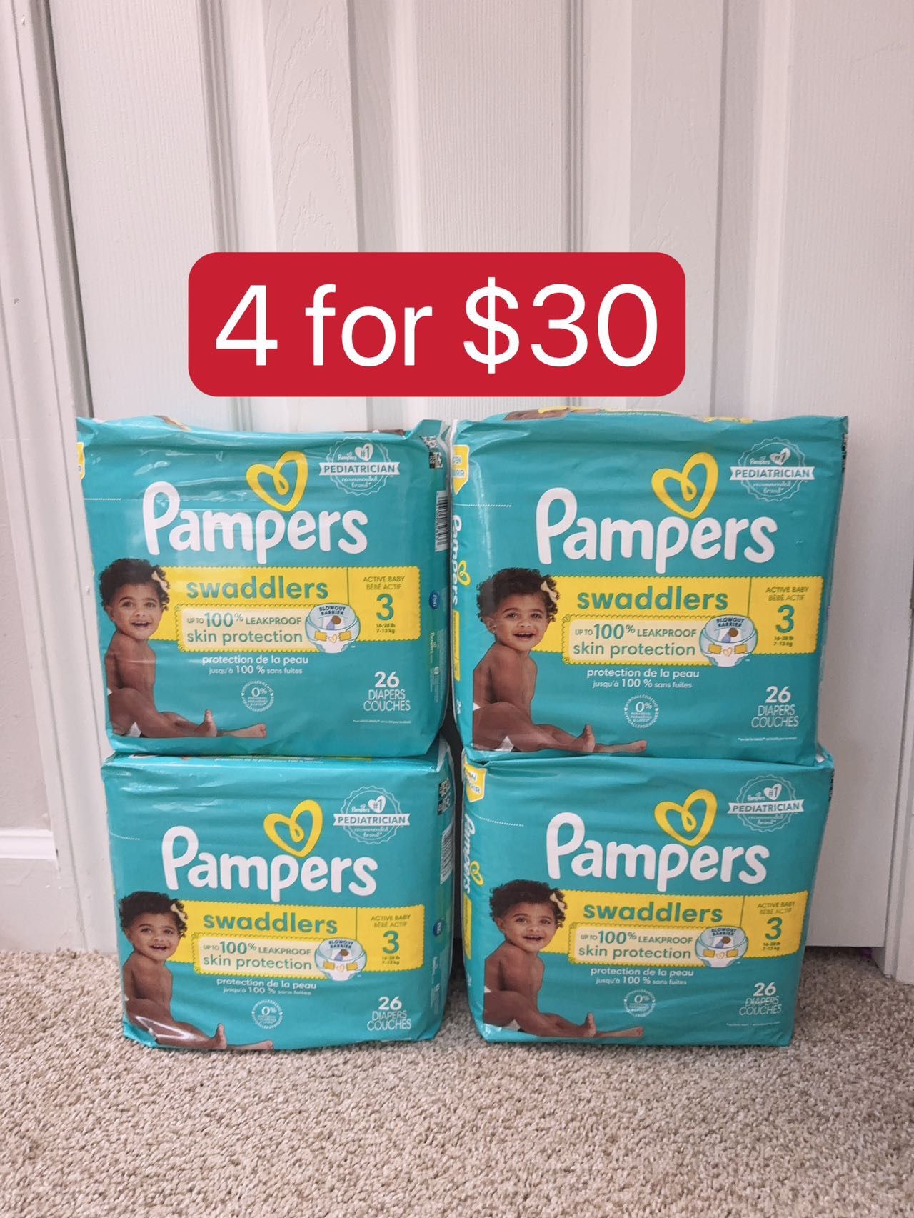 Pampers swaddlers size 3 4 for$30