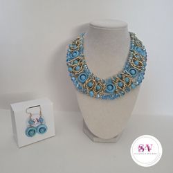 Turquoise And Gold Beaded Necklace With Matching Earrings 