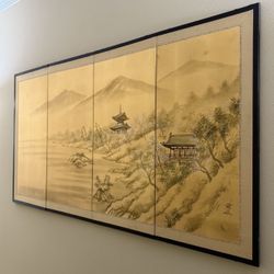 Vintage Japanese 4-Panel Folding Screen Art Pagoda Landscape Wall Decor