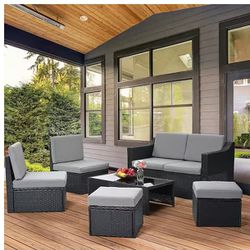 6-Piece Rattan Patio Sectional Sofa with Black/Grey Cushions
