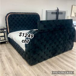 Black Upholstery Velvet Eastern  King Size Bed With  LED , Fire Place And TV Stand 