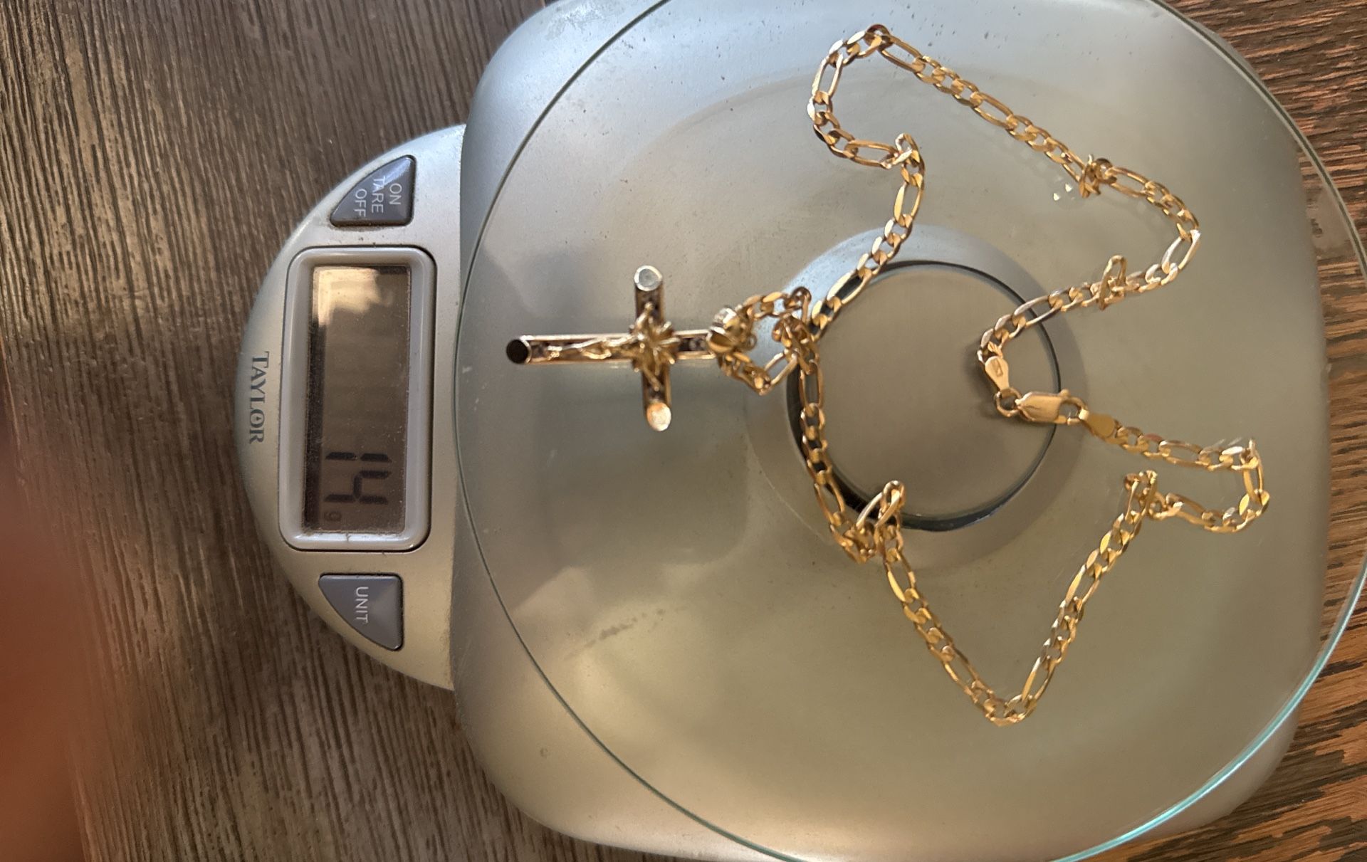 both 14k gold…….. chain 19 inch ….. cross 1.5 inch