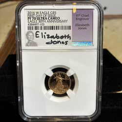 2016 W $5 1/10 Oz GOLD AMERICAN EAGLE PROOF COIN NGC PF70 First Day Jones Signed