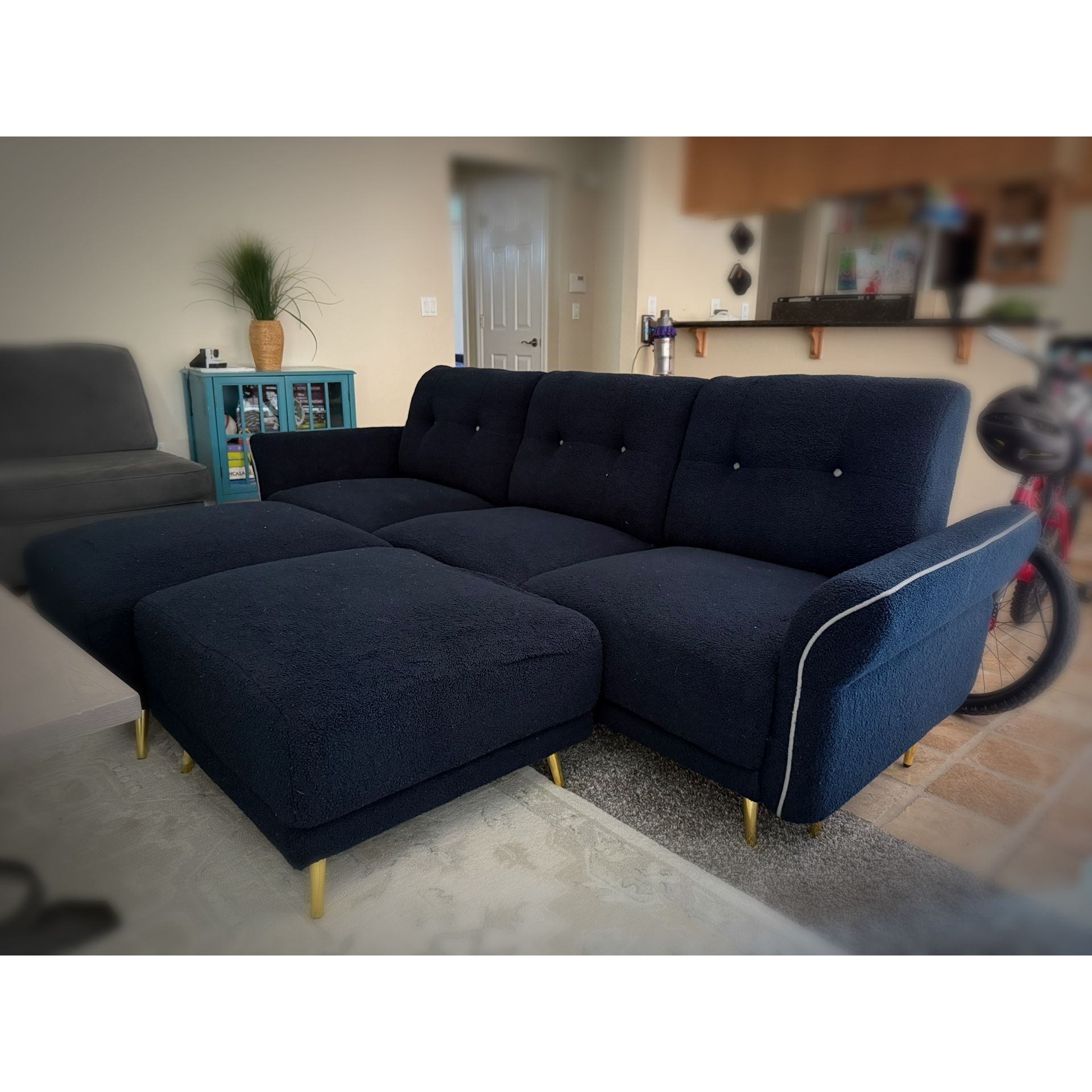 Blue Couch with Ottomans