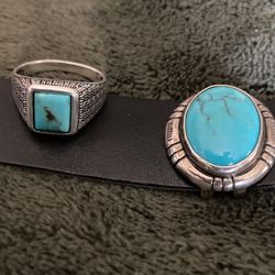 Cool turquoise stone/Sterling silver/leather band plus size 11 turquoise /silver ring