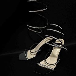 Elegant Black Rhinestone Wrap Heels